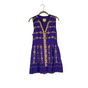 Maeve Ionia Button Up Tunic Top Mini Dress Purple Cotton Beaded Boho Size 6